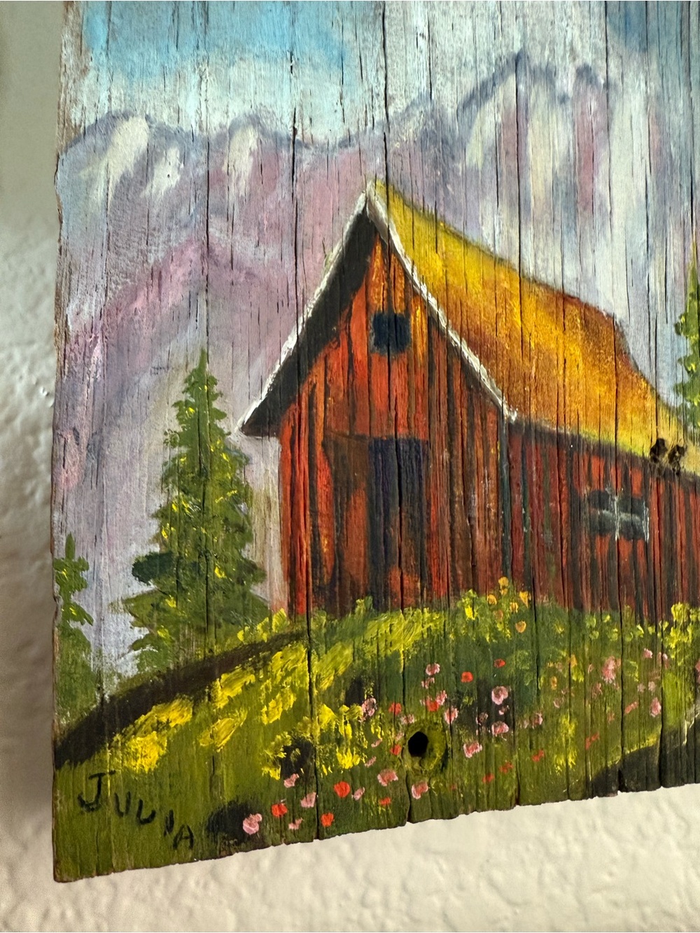 Original Signed Oil on Wood Red Barn with Yellow Roof Painting - Picture 5 of 9